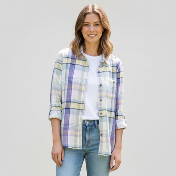 Aritzia TNA Plaid Button Down Shirt Classic Fit Yellow Purple Size Small - Picture 1 of 16